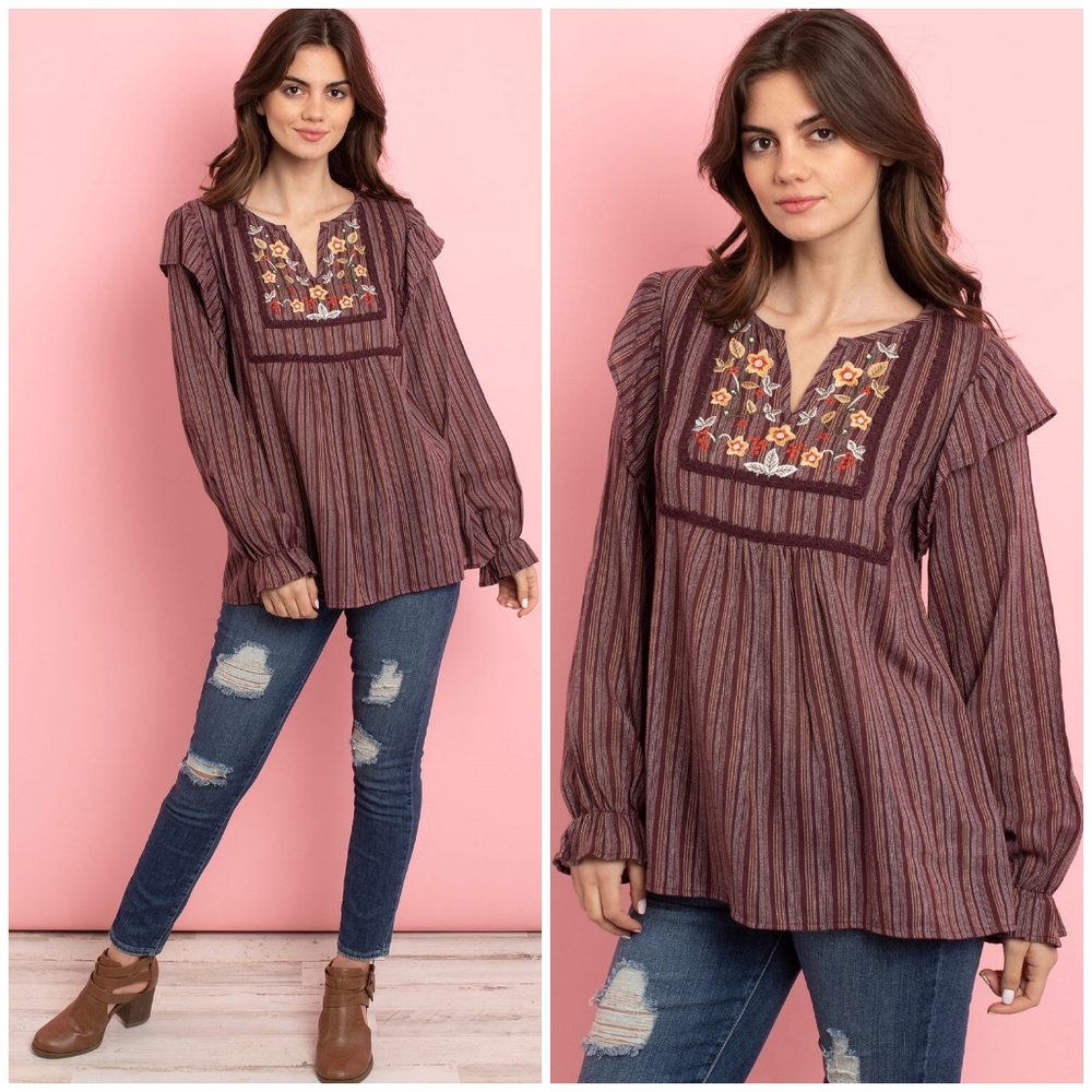 LLOVE Boho Chic Burgundy Striped Embroidered Top - Picture 2 of 9